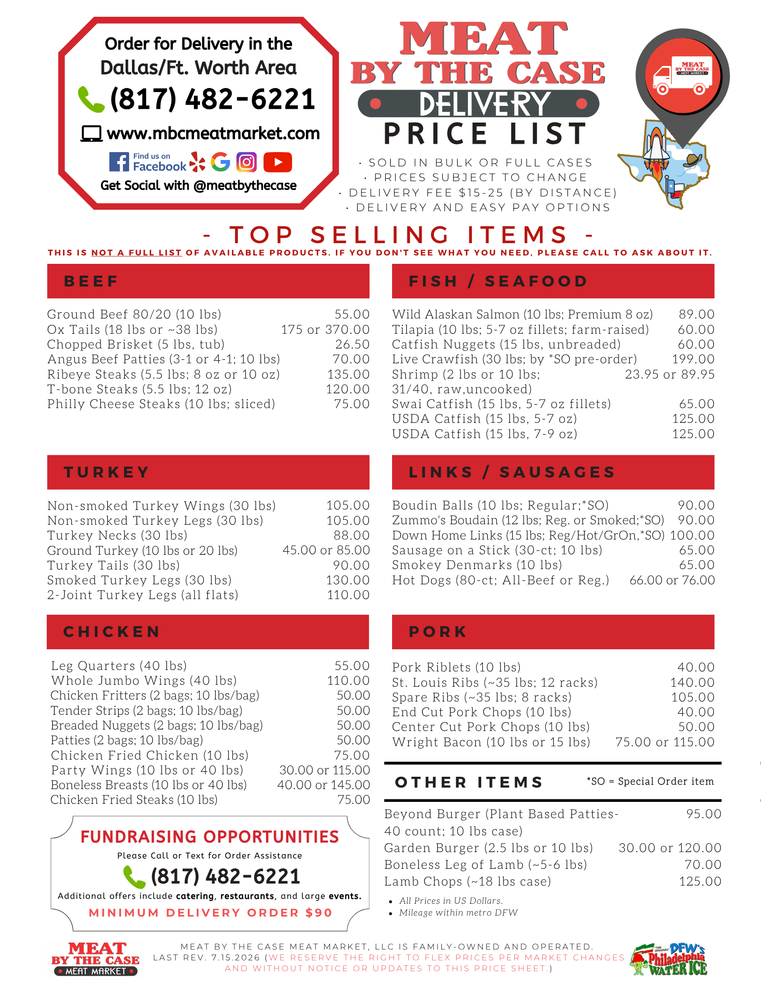 Updated 7.15.2026 Price List (all prices are subject to change without print notice, based on market availability and current pricing)
